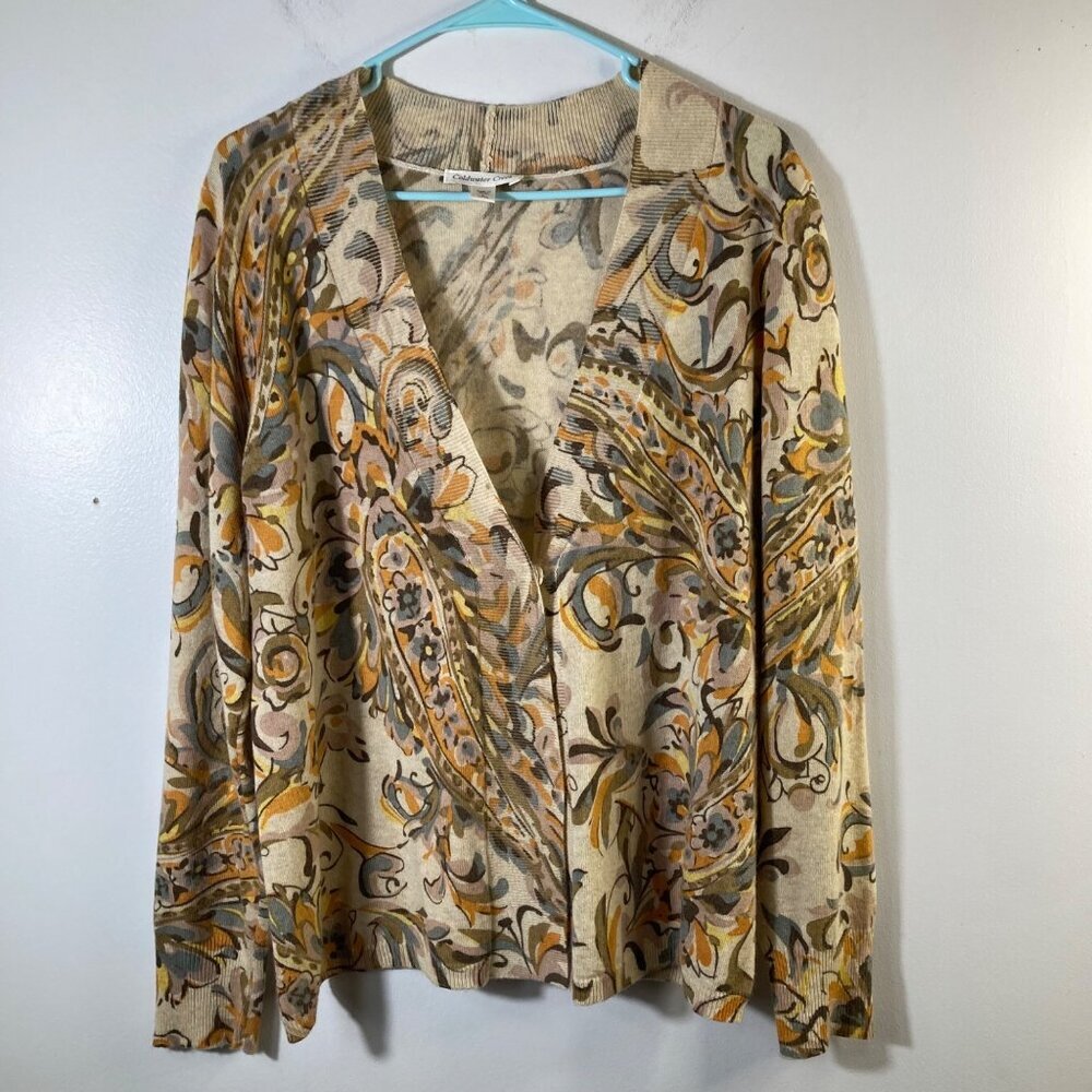 Womens Coldwater Creek Wool Rabbit Blend Floral Cardigan L Tan Blue‎ Orange